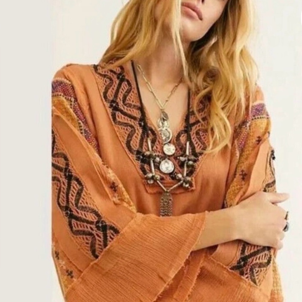 Free People Size M Cross Country Bell Sleeve Top Embroidered Boho Slouchy